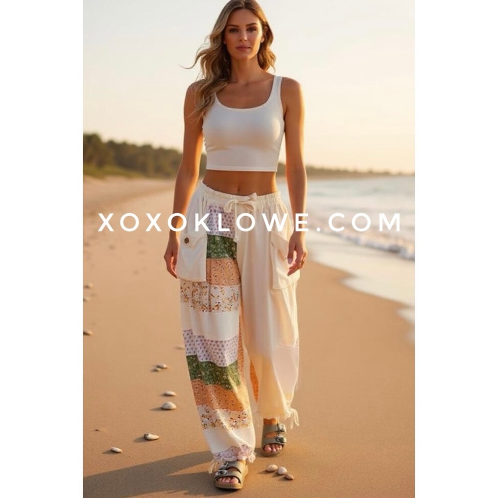 Oli Hali Cream Patchwork Pants | Convertible Wide Leg to Jogger | Coastal Ready - Picture 9 of 10